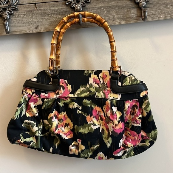 Talbots Floral Satchel Bag Bamboo Handles Fabric Black Faux Leather Trim - Picture 4 of 8